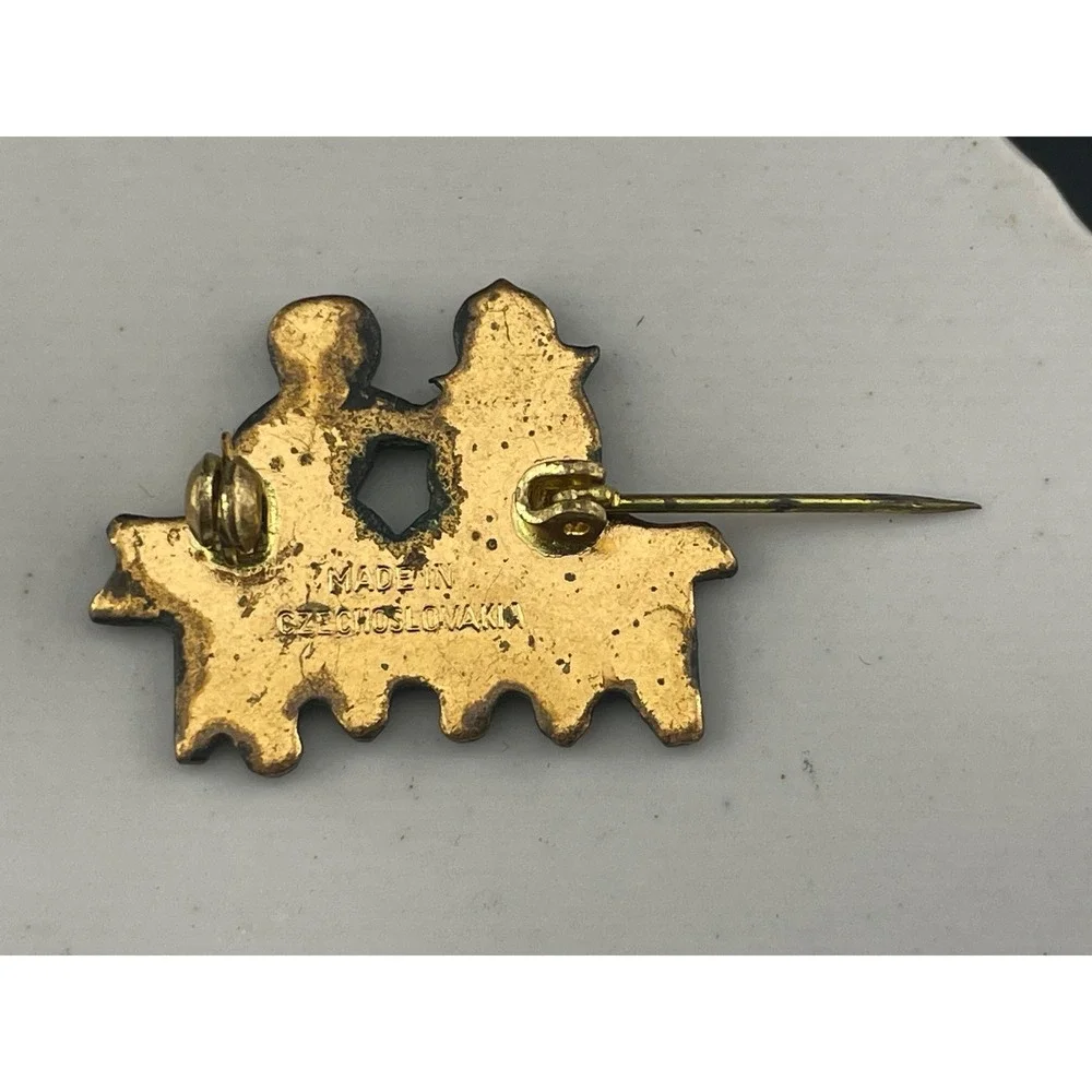 Vintage Czech Figural Brooch Couple on Bench Hand Painted Enamel Pin Vintage